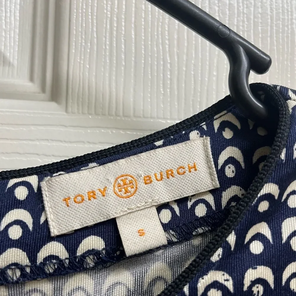Tory Burch 100% Silk Navy Blue and White Geometric Pattern Shift Dress SZ S